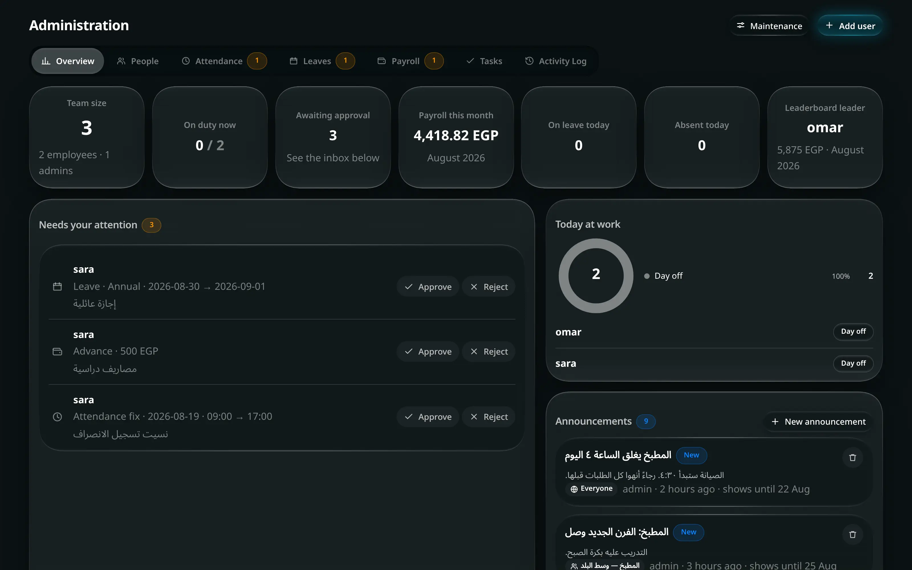 The administration screen: people, attendance, leave requests, payroll and the activity log in one place.