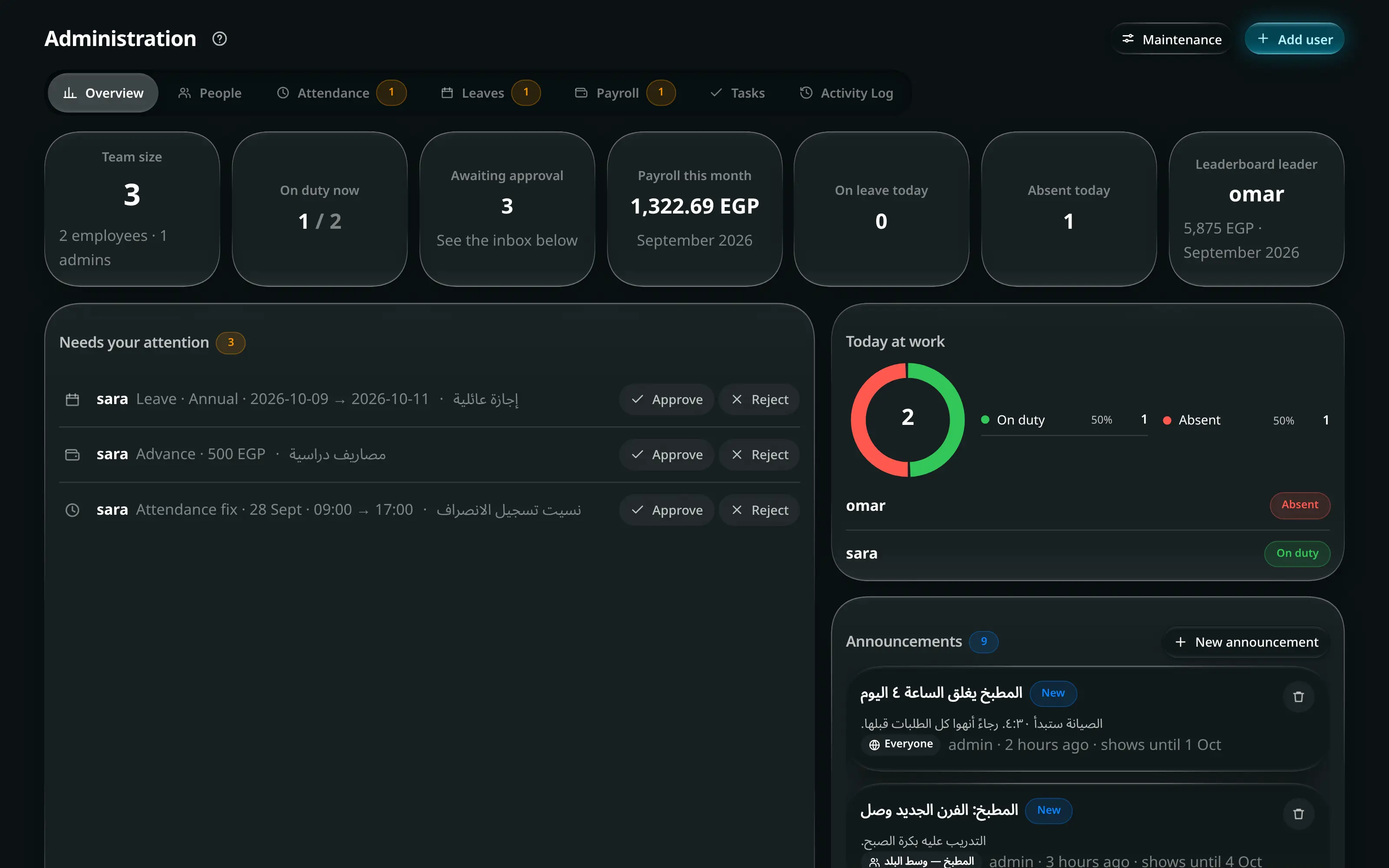 The administration screen: people, attendance, leave requests, payroll and the activity log in one place.