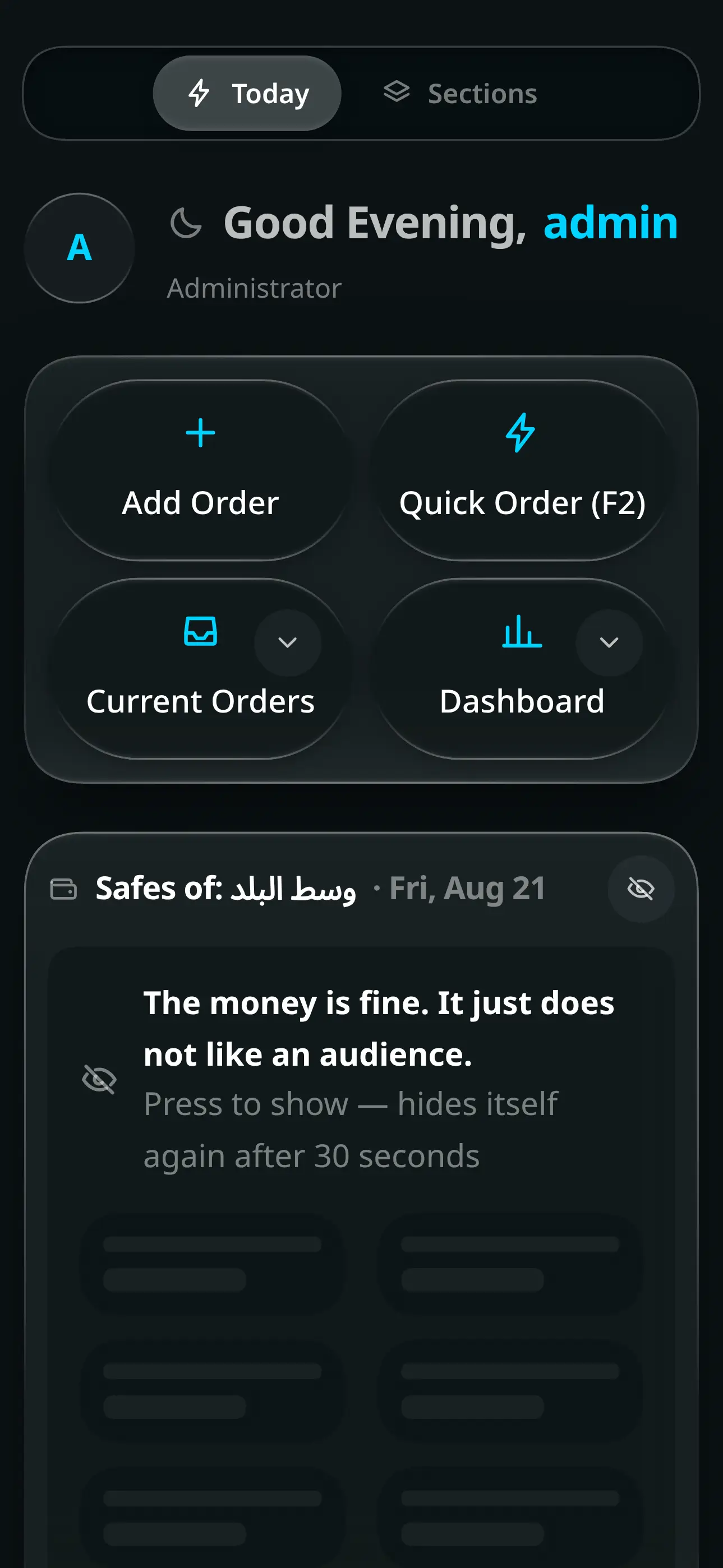 The Joey Cash home screen: a tile grid of every workspace beside a command centre with today’s cash drawer, alerts and pending approvals.